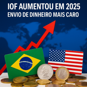 Imagem ilustrativa de moedas e bandeiras representando transferências internacionais e aumento do IOF