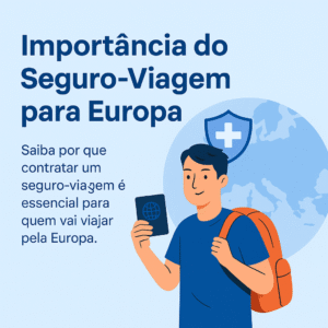 Turista segurando passaporte com mochila nas costas, ao fundo mapa da Europa e ícone de seguro.
