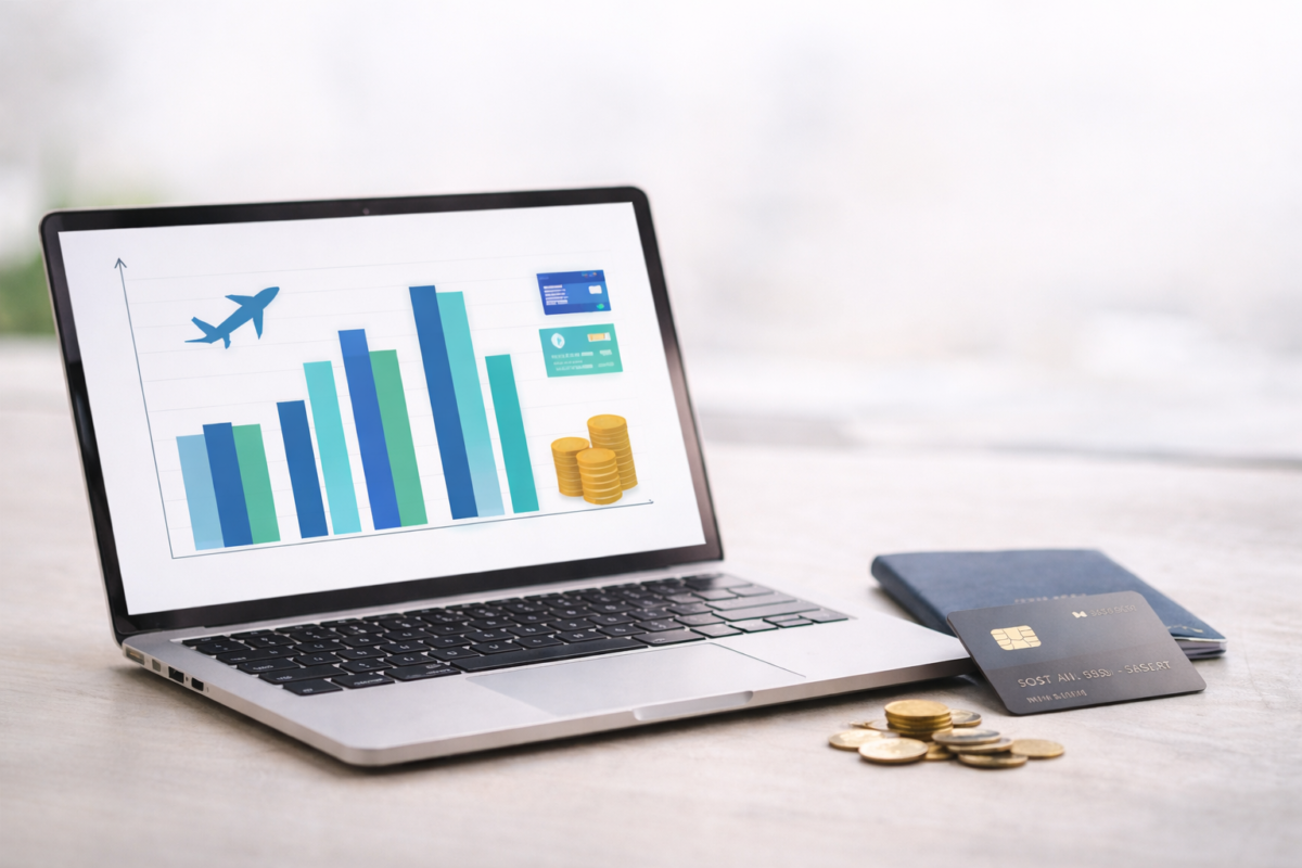 Calculadora com notas de dinheiro e bilhetes de avião mostrando comparação entre valor em milhas e valor em reais