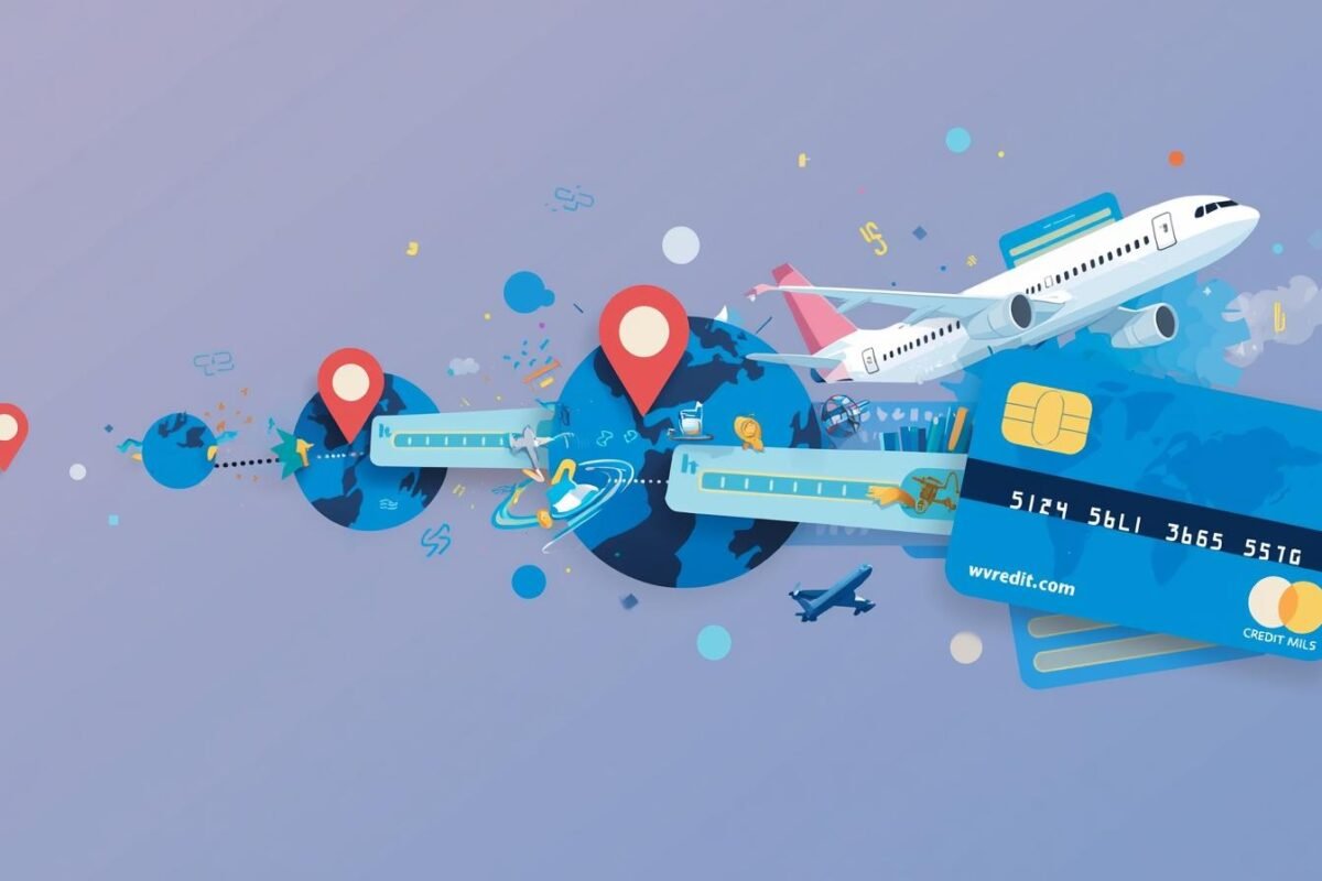 Ilustração mostrando pontos de cartão de crédito sendo transformados em milhas aéreas e passagens de avião.