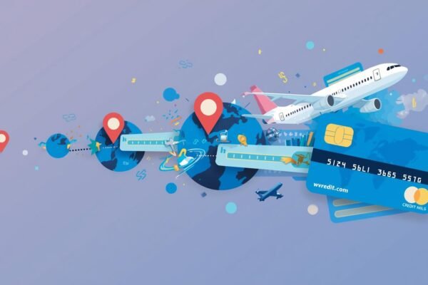 Ilustração mostrando pontos de cartão de crédito sendo transformados em milhas aéreas e passagens de avião.