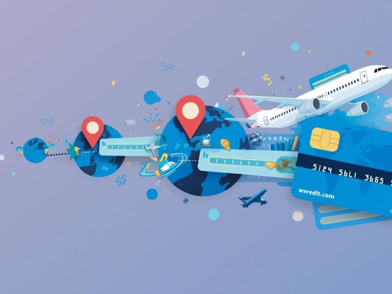 Ilustração mostrando pontos de cartão de crédito sendo transformados em milhas aéreas e passagens de avião.