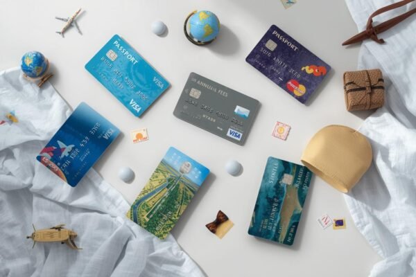 Diversos cartões de crédito sem anuidade espalhados sobre mesa com calculadora e smartphone mostrando aplicativo de pontos