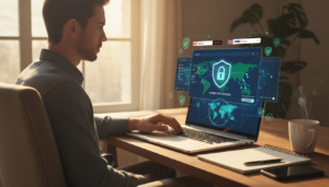 Pessoa usando notebook com ícone de VPN na tela, representando segurança e acesso ao conteúdo internacional.