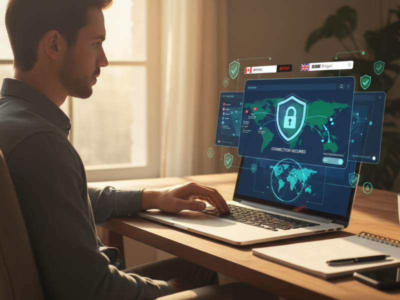 Pessoa usando notebook com ícone de VPN na tela, representando segurança e acesso ao conteúdo internacional.