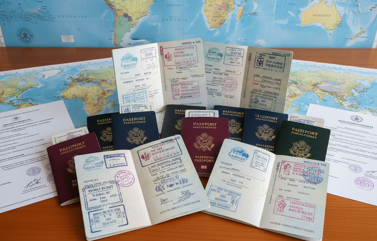 Passaportes de diferentes países com carimbos de visto de trabalho, documentos e mapa-múndi ao fundo