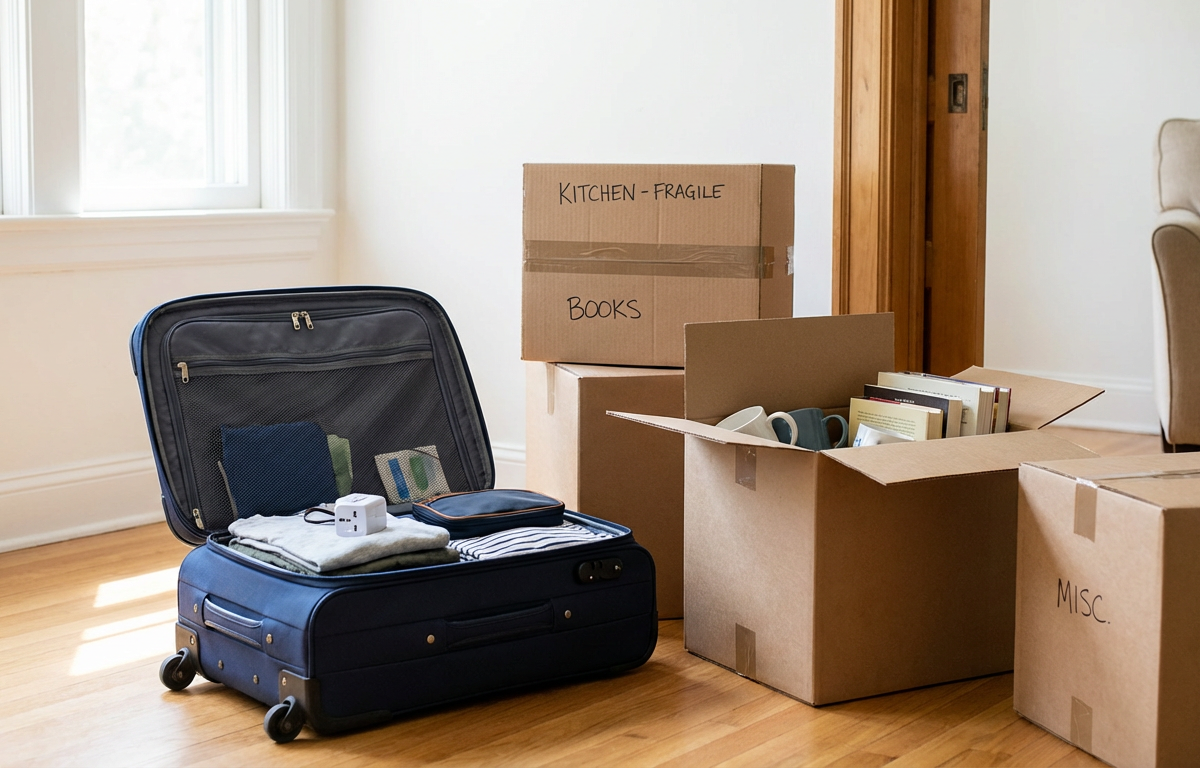 Mala de viagem aberta ao lado de caixas de mudança, simbolizando a escolha entre imigração temporária e permanente