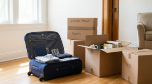 Mala de viagem aberta ao lado de caixas de mudança, simbolizando a escolha entre imigração temporária e permanente