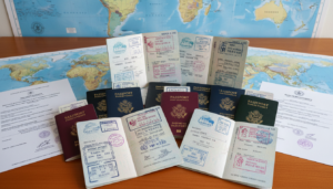 Passaportes de diferentes países com carimbos de visto de trabalho, documentos e mapa-múndi ao fundo