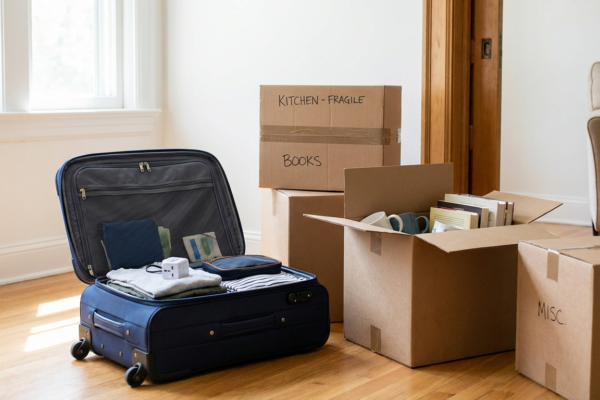 Mala de viagem aberta ao lado de caixas de mudança, simbolizando a escolha entre imigração temporária e permanente