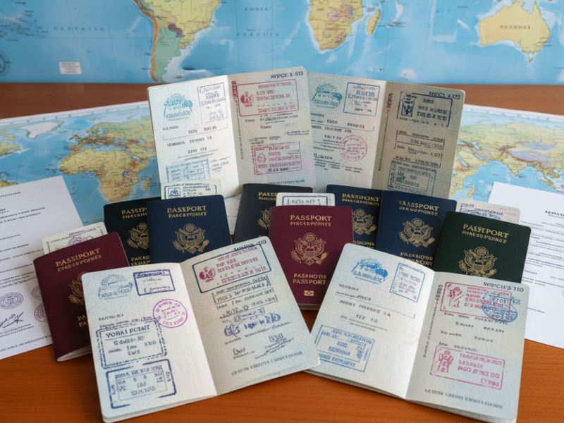 Passaportes de diferentes países com carimbos de visto de trabalho, documentos e mapa-múndi ao fundo