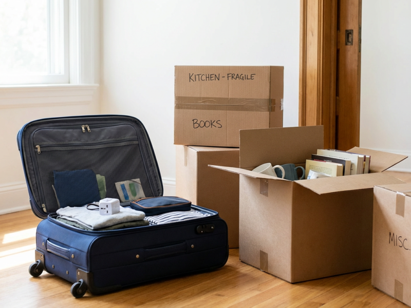 Mala de viagem aberta ao lado de caixas de mudança, simbolizando a escolha entre imigração temporária e permanente