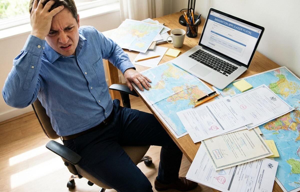 Pessoa confusa olhando para mapas, documentos e laptop, representando os erros comuns no planejamento de imigração