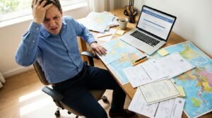 Pessoa confusa olhando para mapas, documentos e laptop, representando os erros comuns no planejamento de imigração