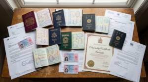 Passaportes de diferentes países sobre mesa com carimbos de visto, documentos de residência e certificado de cidadania, representando os três status migratórios