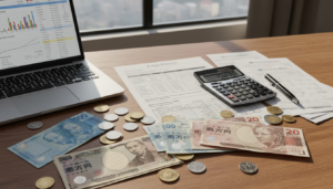 Foto de um planejamento financeiro com moedas de Iene e Real, simbolizando a quitação de dívidas brasileiras através do trabalho no exterior.