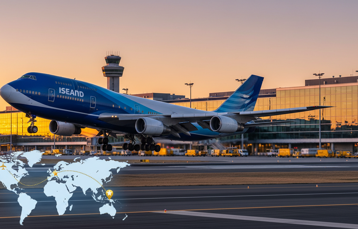 Avião pousando em aeroporto internacional com mapa de rota mostrando parada intermediária, representando o conceito de stopover.