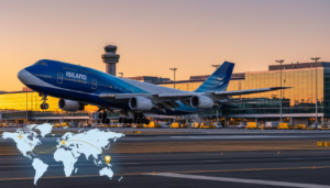 Avião pousando em aeroporto internacional com mapa de rota mostrando parada intermediária, representando o conceito de stopover.