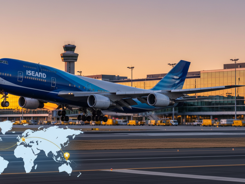 Avião pousando em aeroporto internacional com mapa de rota mostrando parada intermediária, representando o conceito de stopover.