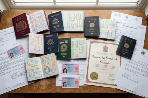 Passaportes de diferentes países sobre mesa com carimbos de visto, documentos de residência e certificado de cidadania, representando os três status migratórios