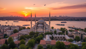 Vista panorâmica de Istambul com a Mesquita Azul e o Bósforo ao fundo durante o pôr do sol
