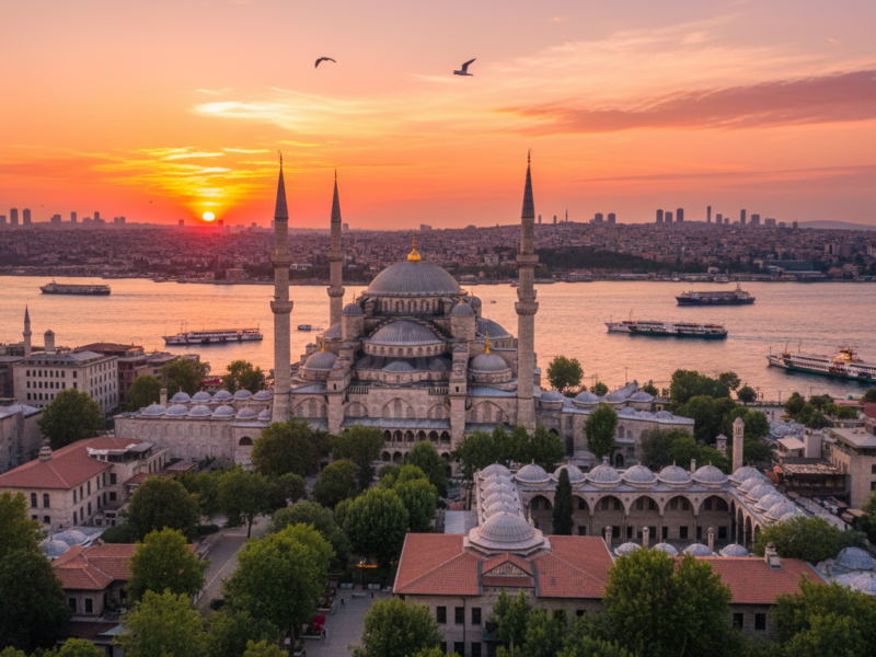 Vista panorâmica de Istambul com a Mesquita Azul e o Bósforo ao fundo durante o pôr do sol