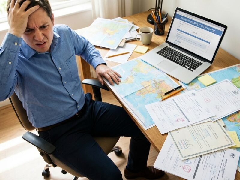 Pessoa confusa olhando para mapas, documentos e laptop, representando os erros comuns no planejamento de imigração