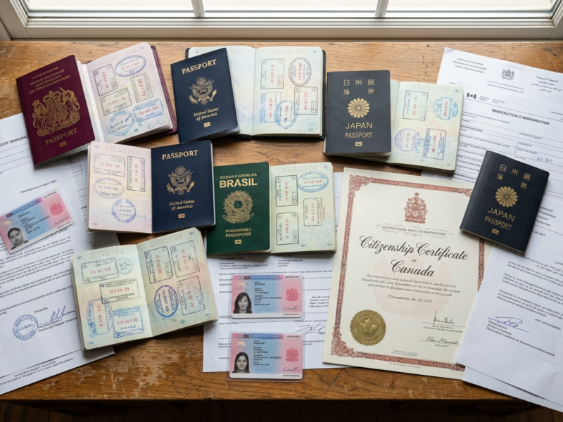 Passaportes de diferentes países sobre mesa com carimbos de visto, documentos de residência e certificado de cidadania, representando os três status migratórios