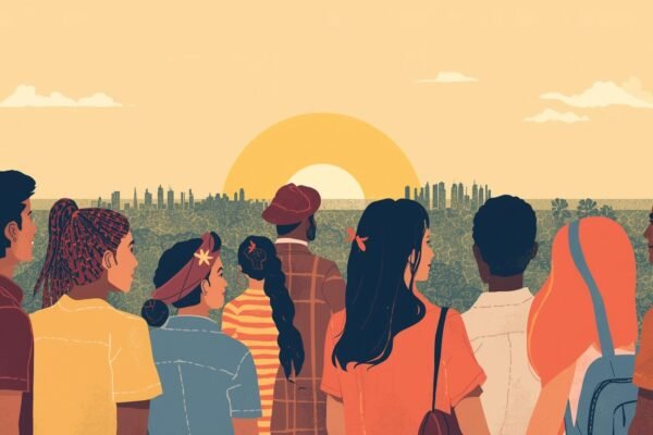 Mapa-múndi com rotas de imigração destacadas, mostrando diferentes países e passaportes simbolizando processos de visto e residência internacional